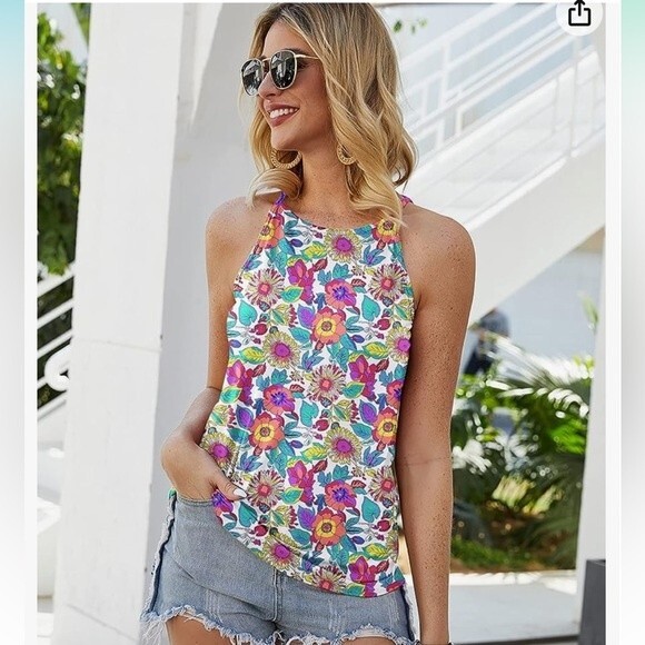 Tank Top Womens Plus XXL Floral Blue Summer Halter Cami Shirt Top Casual B3 - Picture 7 of 8